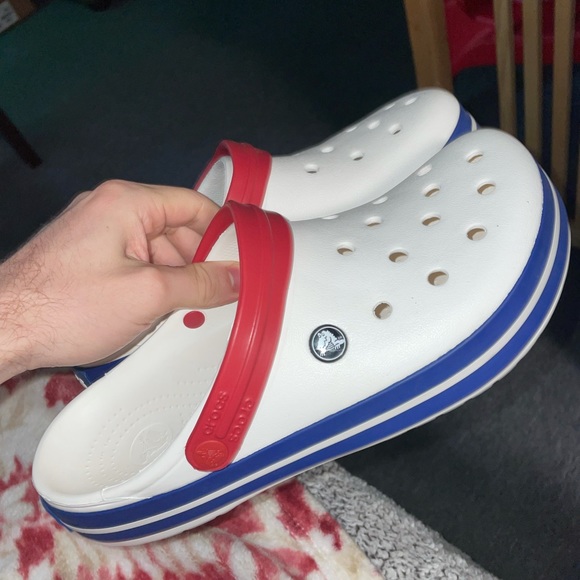 mens red white blue crocs